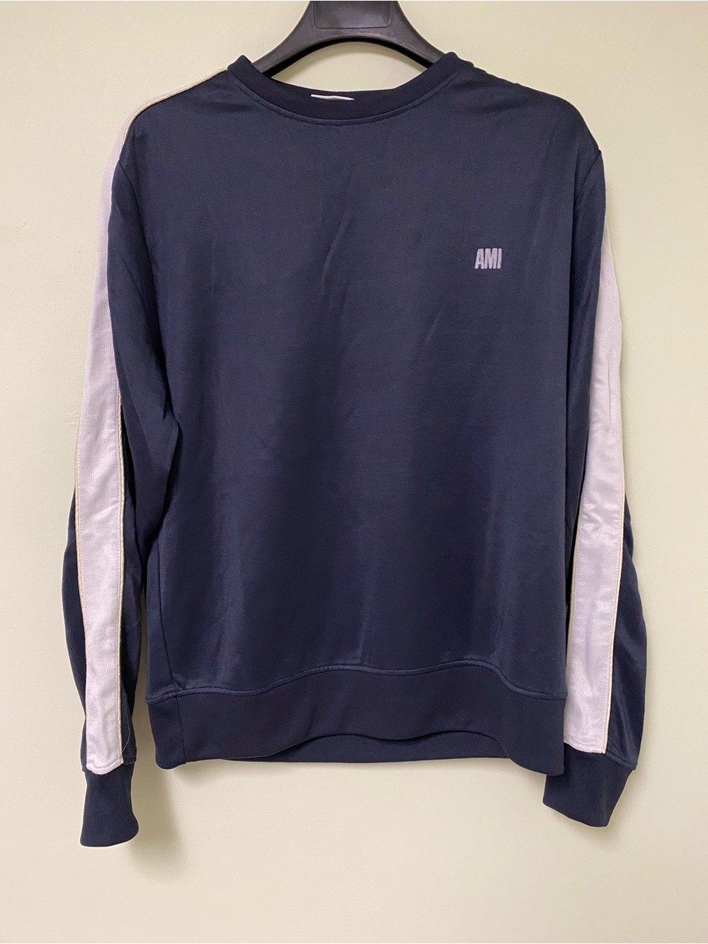 AMI Navy Crewneck Sweater with White Sleeve Panels